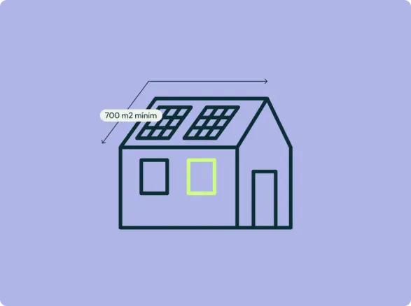 Gràfic que detalla els requisits de 700m2, orientació sud i sense ombres i ubicació en un entorn urbà que ha de tenir una coberta per a poder desenvolupar un Gurb